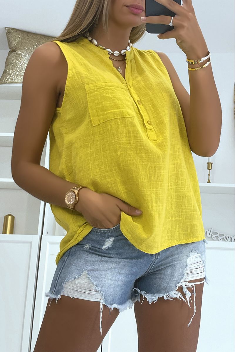 Classic and trendy solid color linen effect mustard tank top - 1