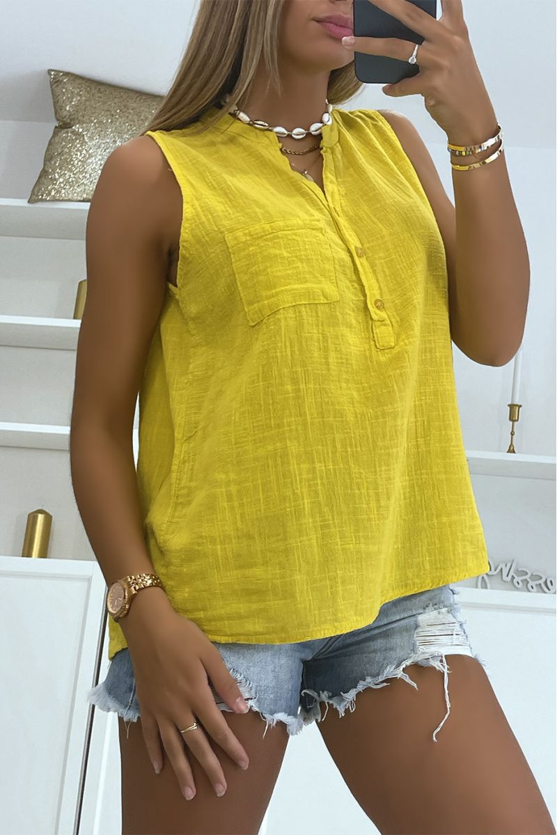 Classic and trendy solid color linen effect mustard tank top - 3