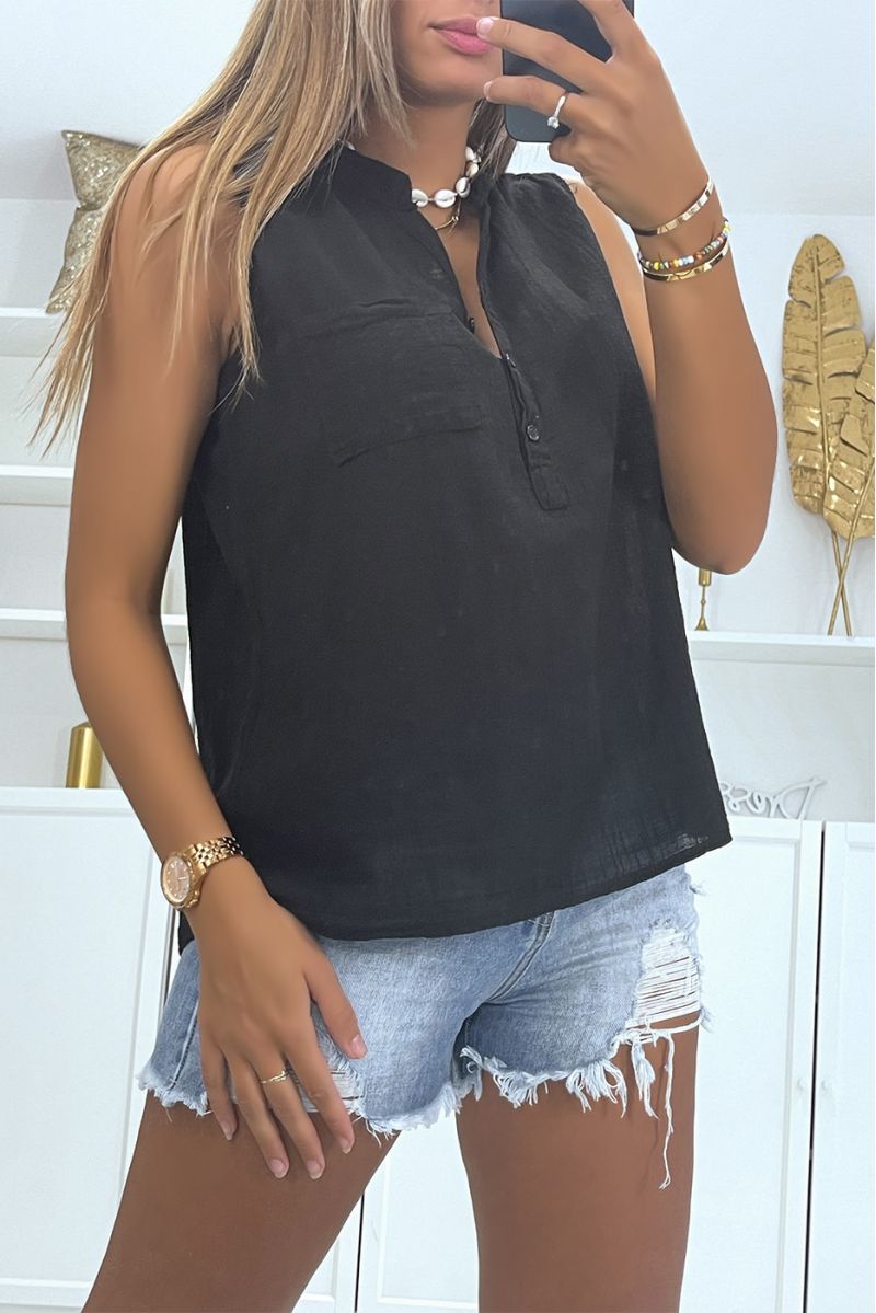 Classic and trendy solid color linen effect black tank top - 1