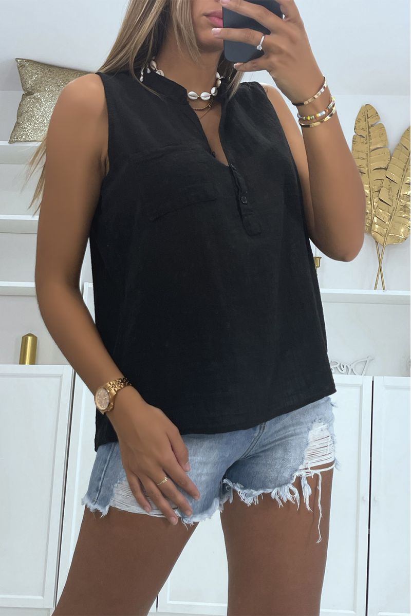 Classic and trendy solid color linen effect black tank top - 2