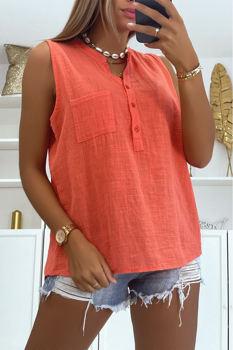 Classic and trendy solid color linen effect coral tank top - 1
