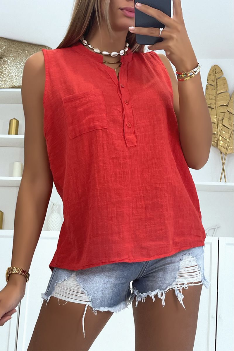Classic and trendy solid color linen effect red tank top - 2