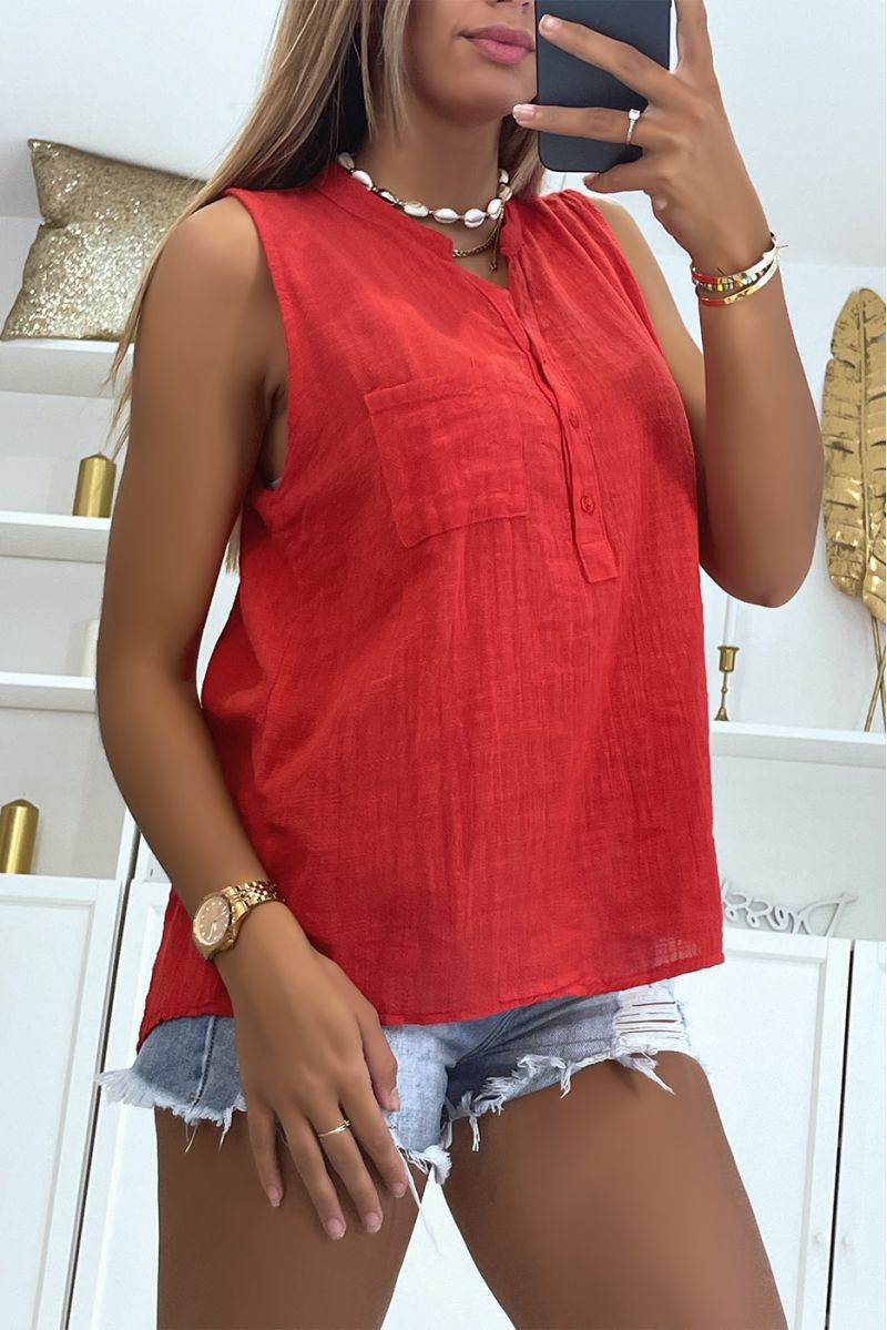 Classic and trendy solid color linen effect red tank top - 3