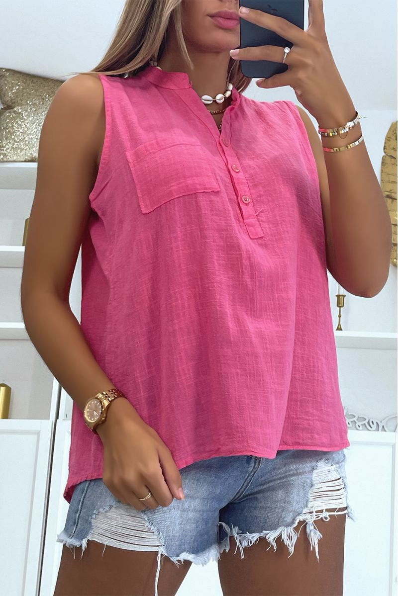 Classic and trendy solid color fuchsia linen effect tank top - 1
