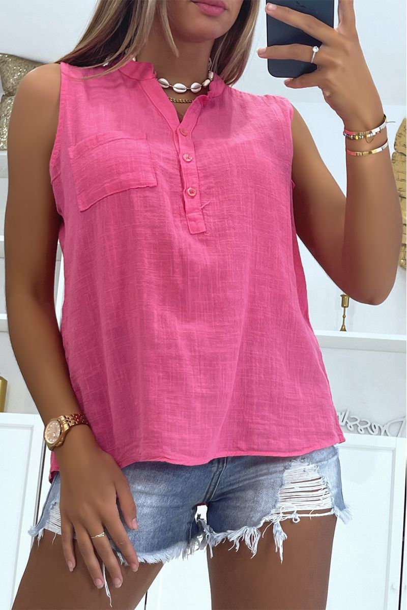 Classic and trendy solid color fuchsia linen effect tank top - 2