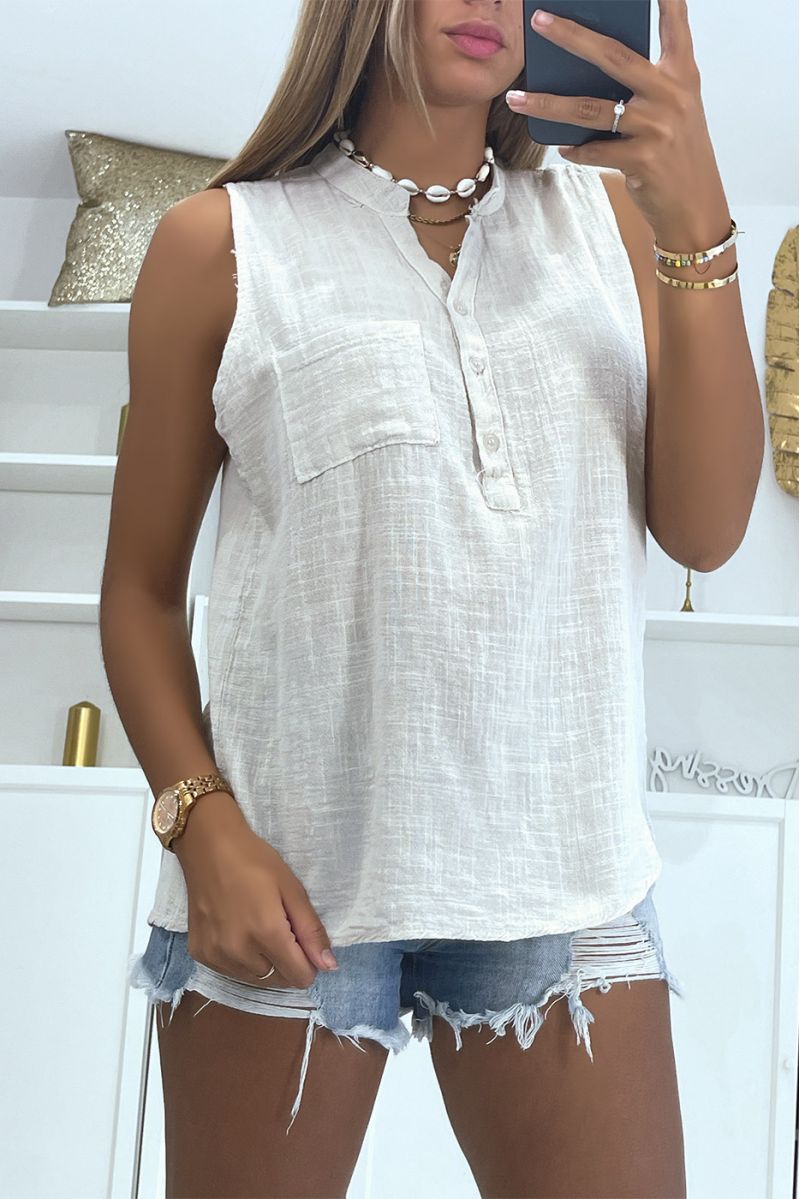 Classic and trendy solid color beige linen effect tank top - 3 Classic and trendy solid color beige linen effect tank top - 3