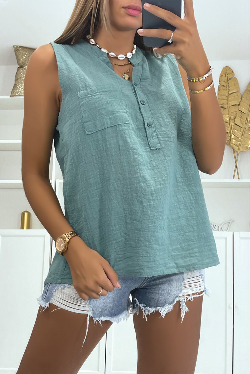 Classic and trendy solid color linen effect indigo tank top - 1