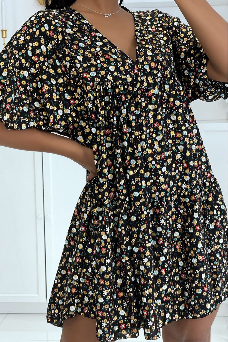 Tunique noire fleurie à manches mi-longue imprimé floral et col v glamour - 5