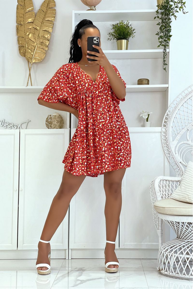 Red floral tunic with half sleeve floral print and glamorous v-neck - 1