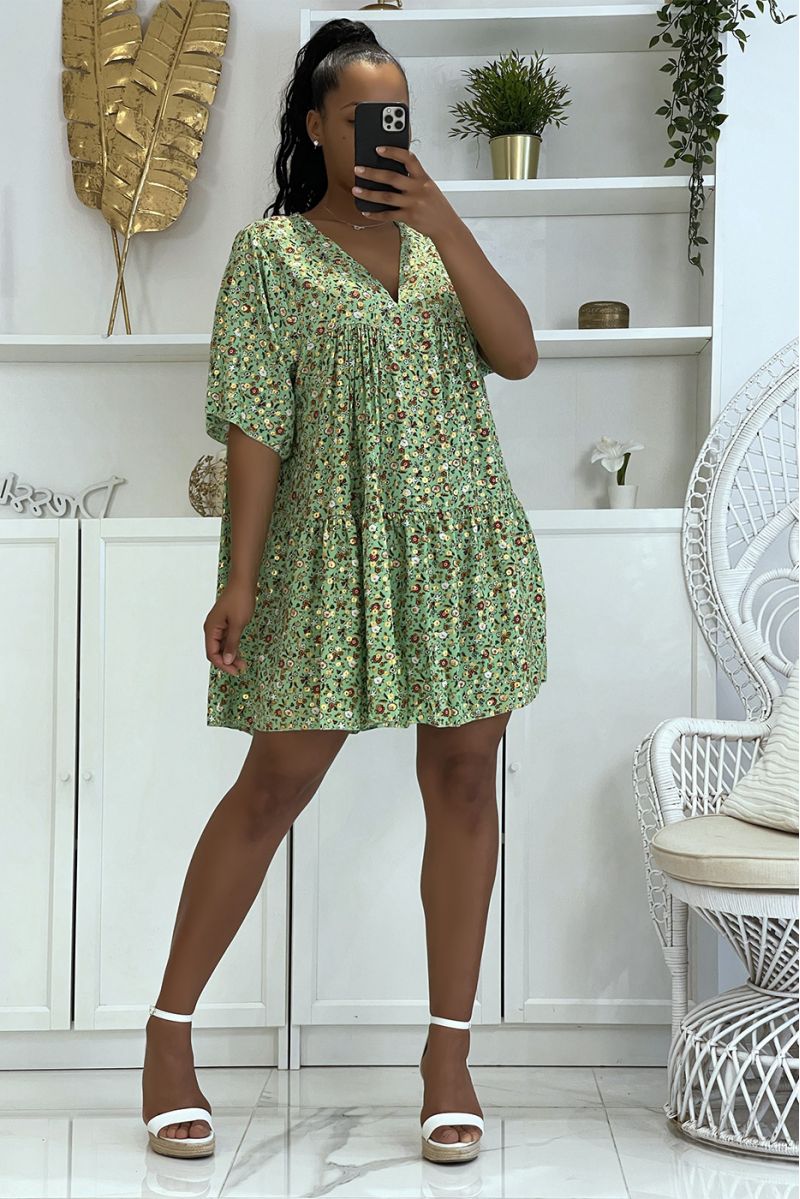 Floral water green tunic with half-length floral print sleeves and glamorous v-neck - 1