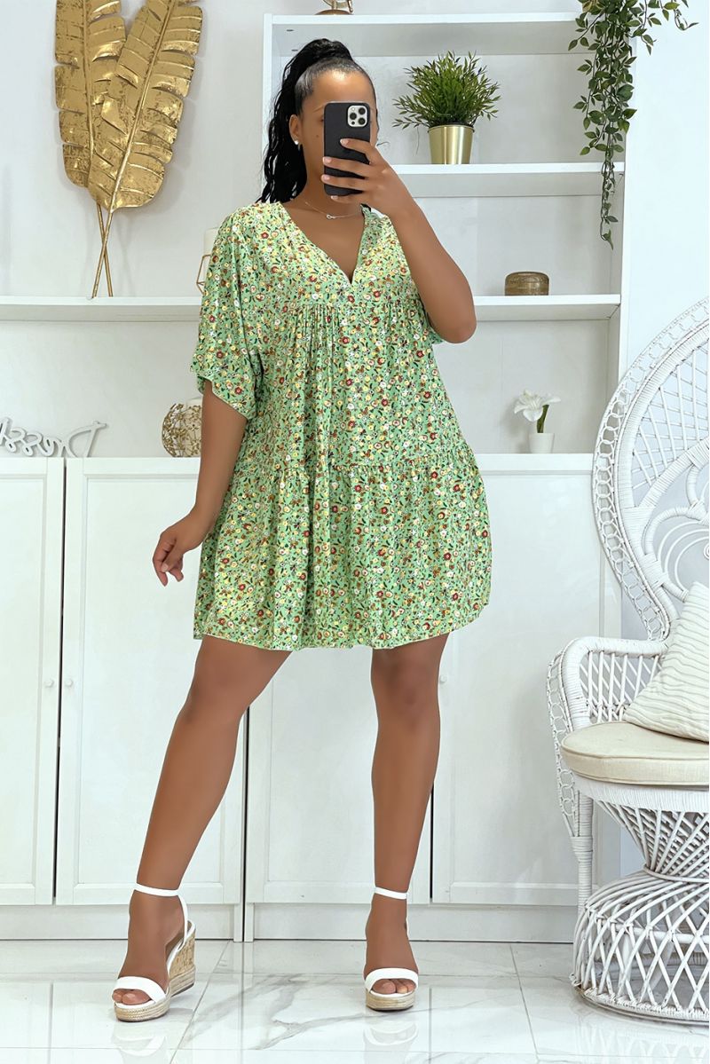Floral water green tunic with half-length floral print sleeves and glamorous v-neck - 2