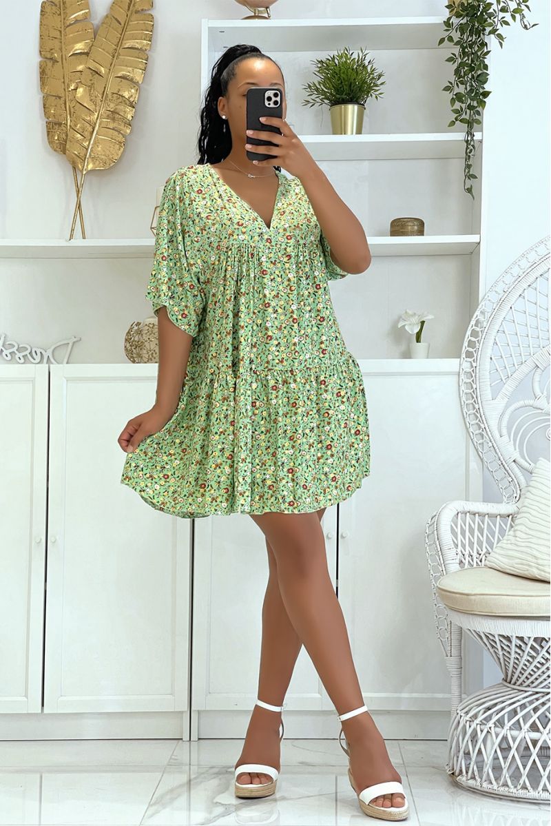 Floral water green tunic with half-length floral print sleeves and glamorous v-neck - 3