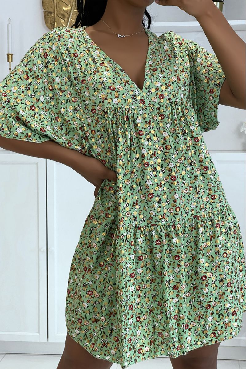 Floral water green tunic with half-length floral print sleeves and glamorous v-neck - 5