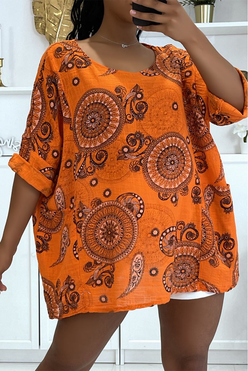 Orange bohemian print oversized blouse - 1