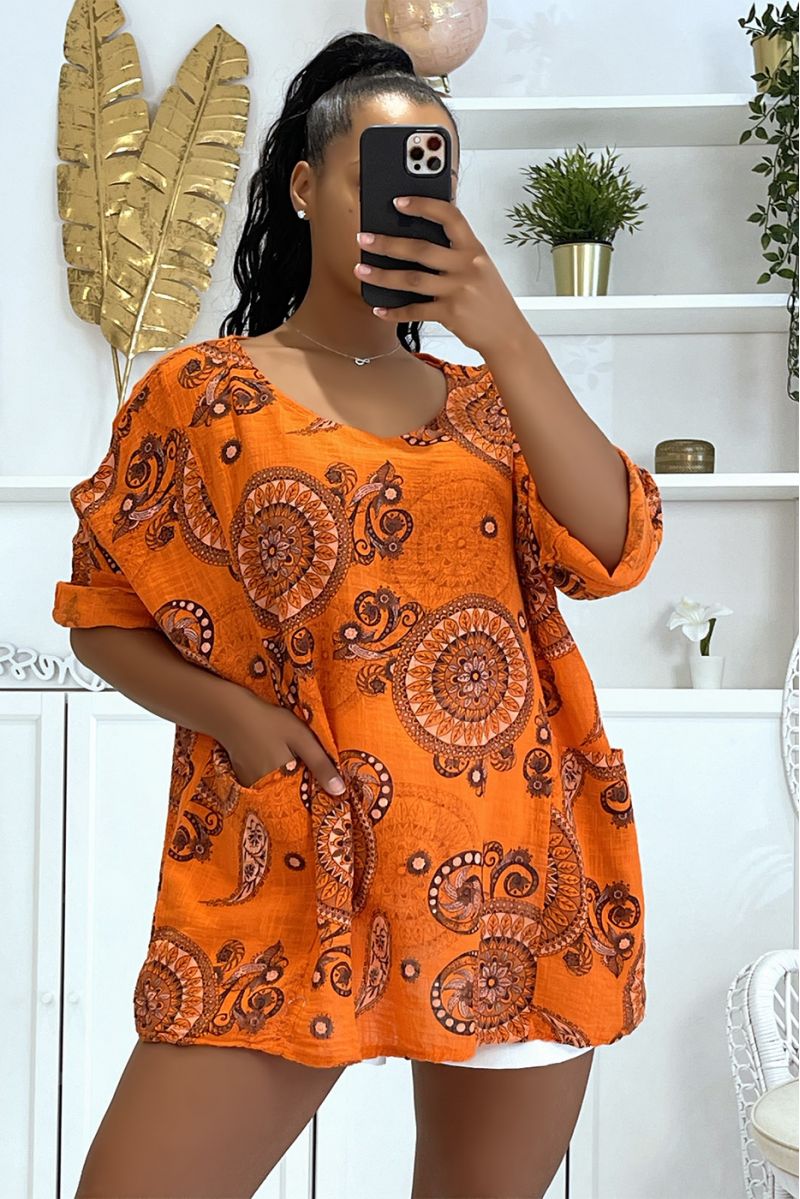 Orange bohemian print oversized blouse - 2
