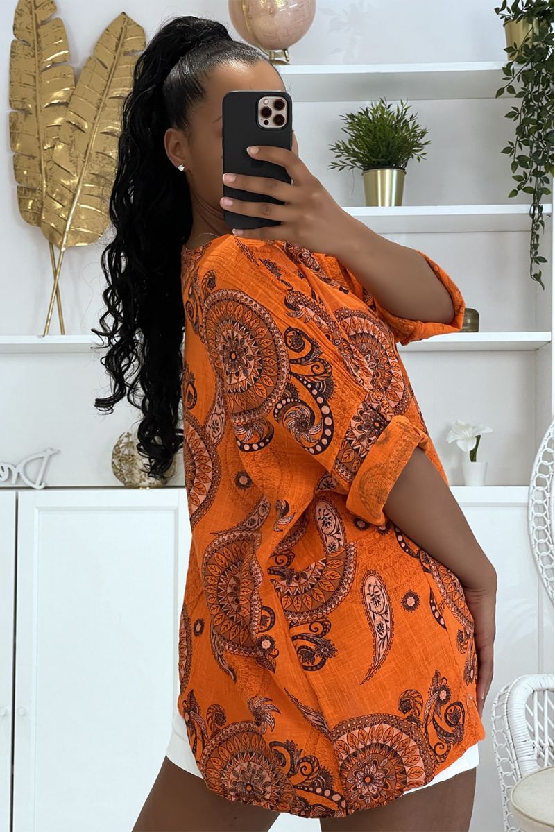 Orange bohemian print oversized blouse - 3