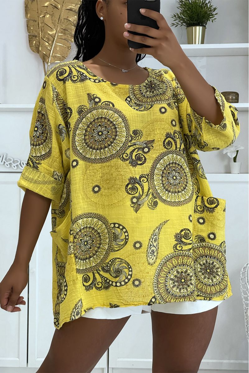 Yellow oversized blouse with bohemian print - 1