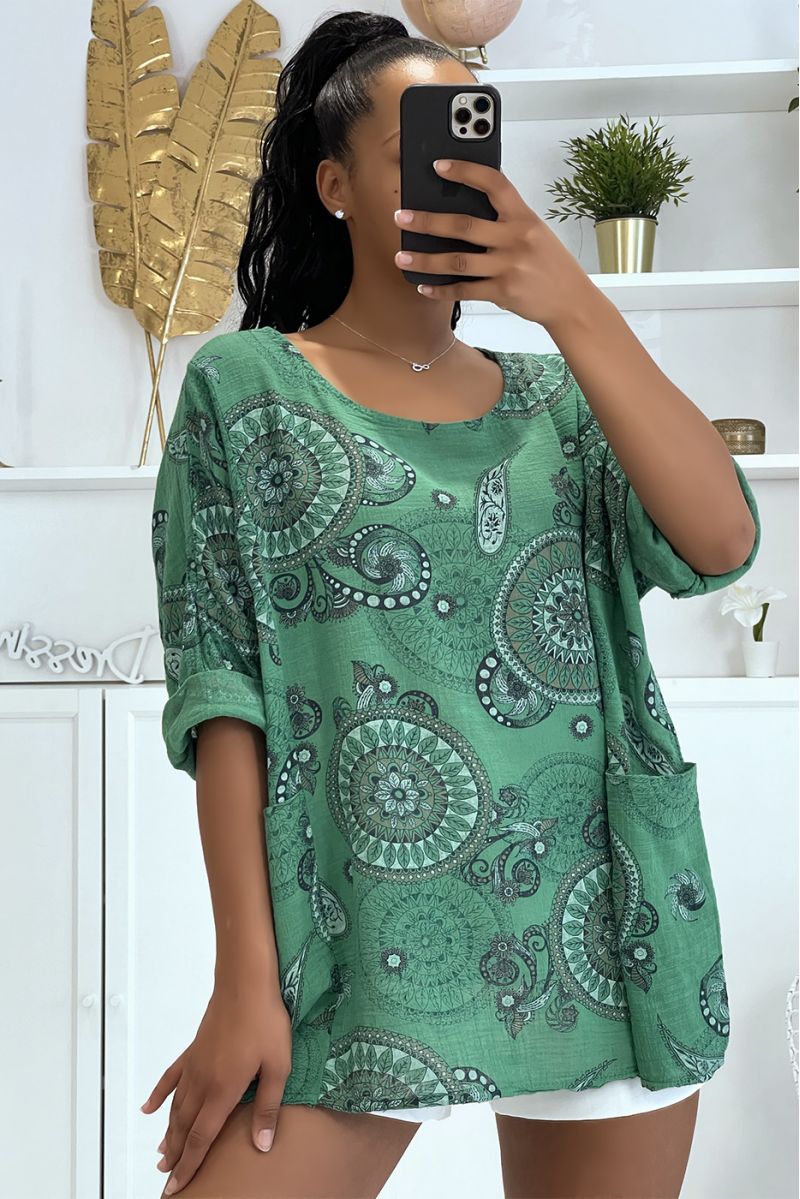 Blouse oversize verte à imprimé bohème - 1