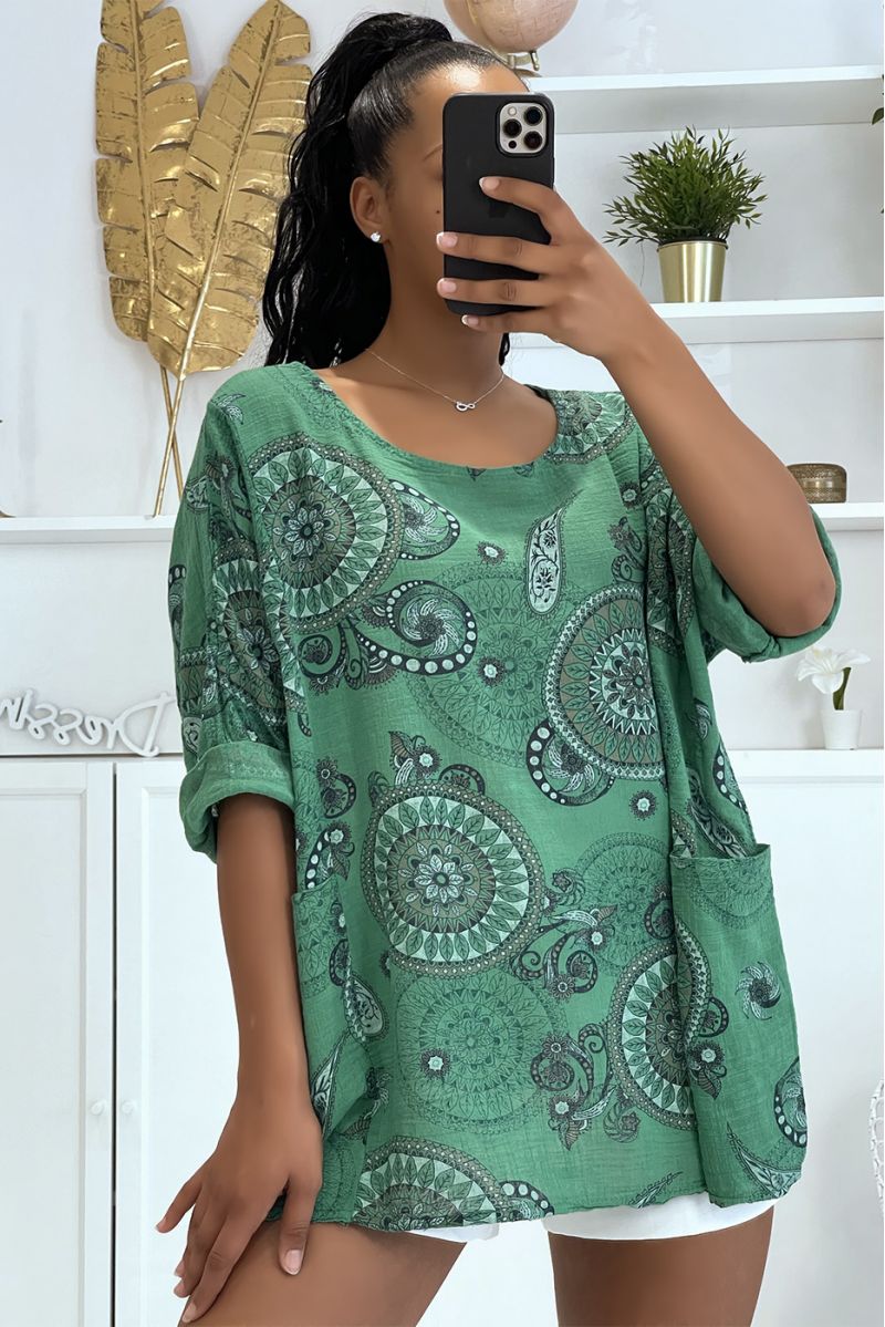 Oversized groene blouse met bohemian print - 1