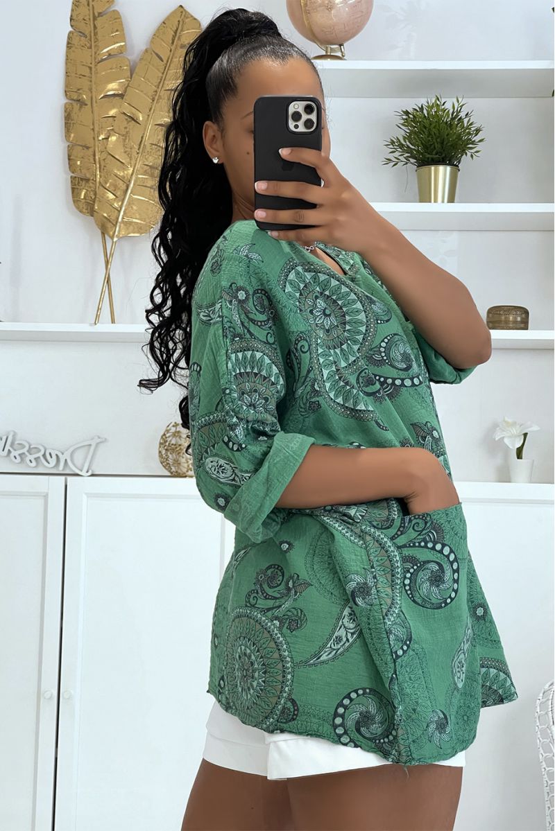 Blouse oversize verte à imprimé bohème - 3 Blouse oversize verte à imprimé bohème - 3