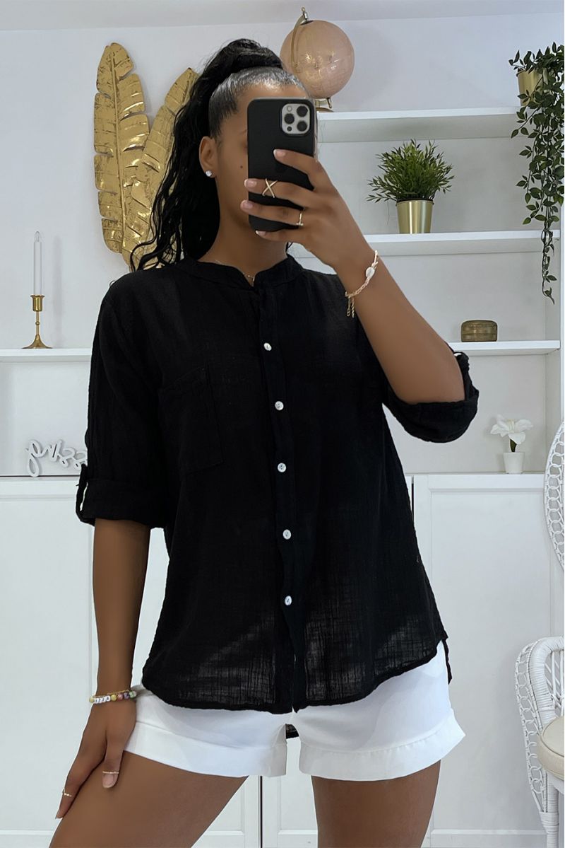 Lichtgewicht zwart overhemd met linneneffect - 1