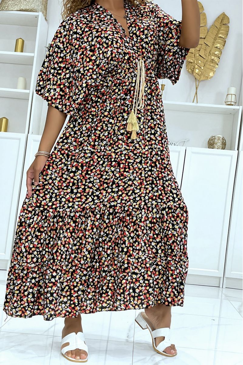Long black floral dress with small golden flower and beautiful multicolored floral print - 1