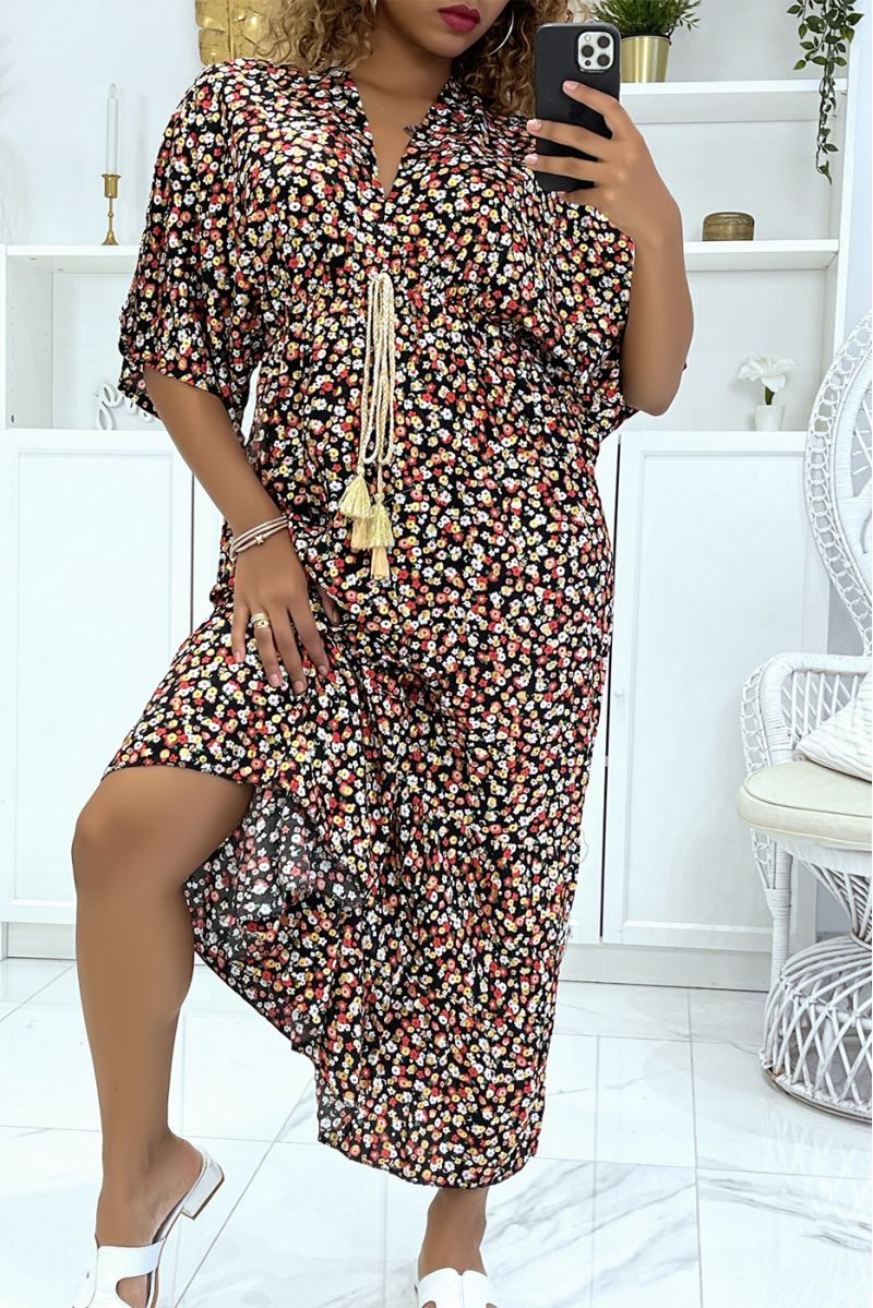Long black floral dress with small golden flower and beautiful multicolored floral print - 4