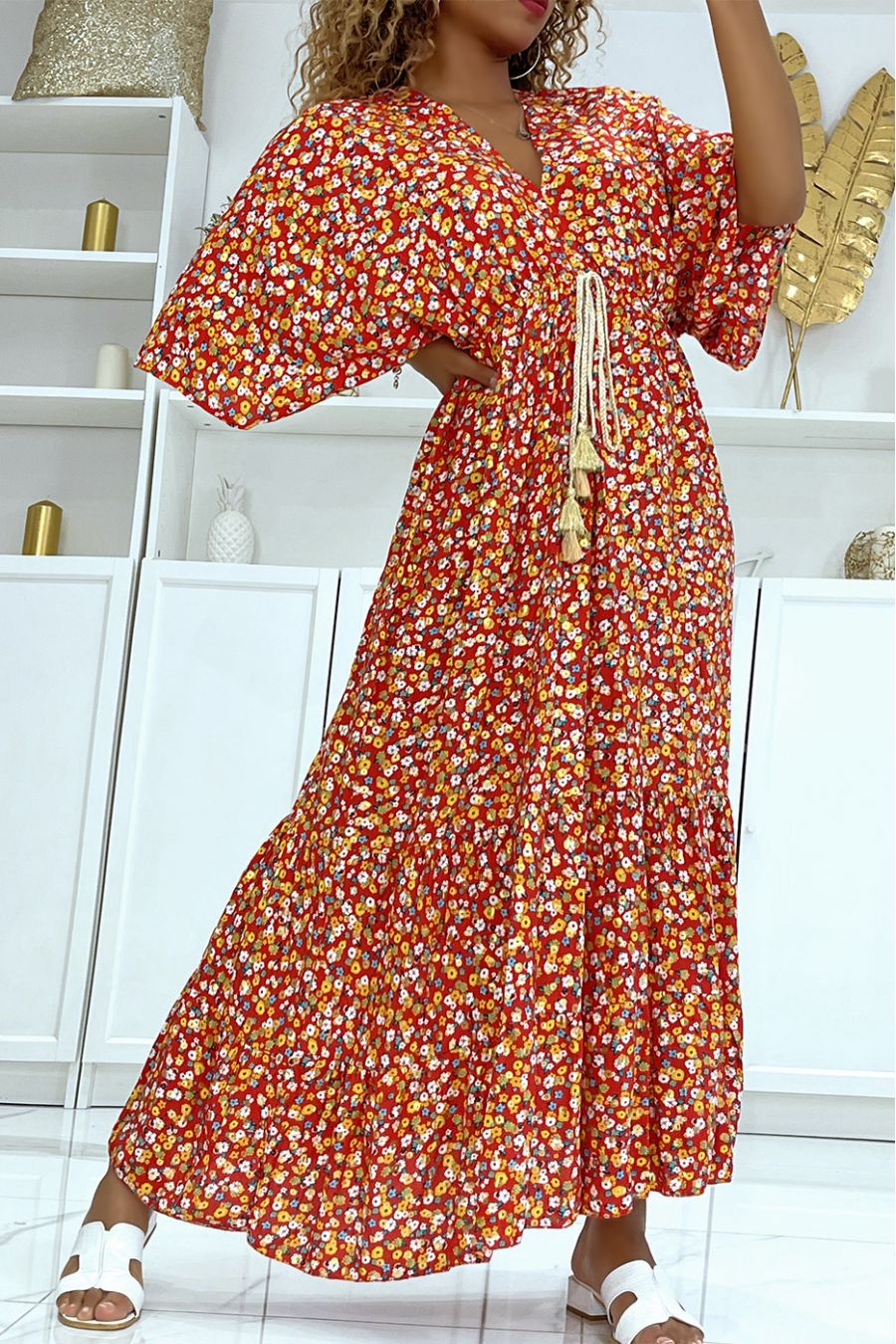 Long floral red dress with small golden flower and beautiful multicolored floral print - 4