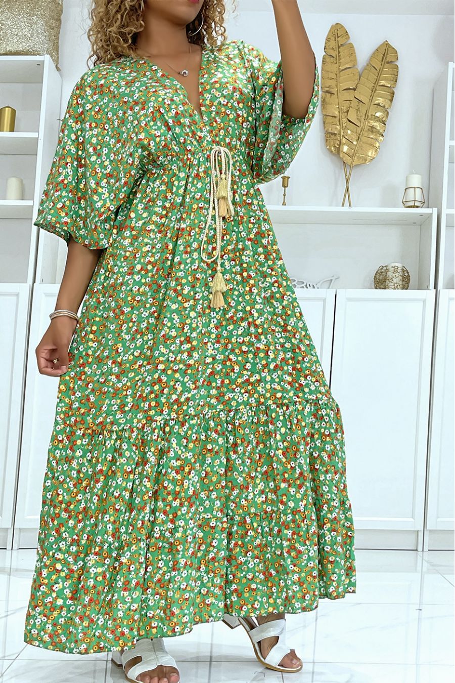 Long green floral dress with small gold flower and magnificent multicolored floral print - 1