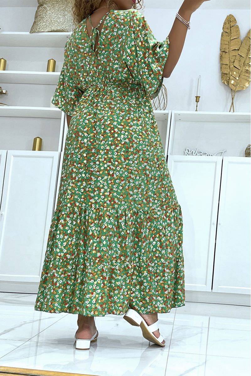 Long green floral dress with small gold flower and magnificent multicolored floral print - 3