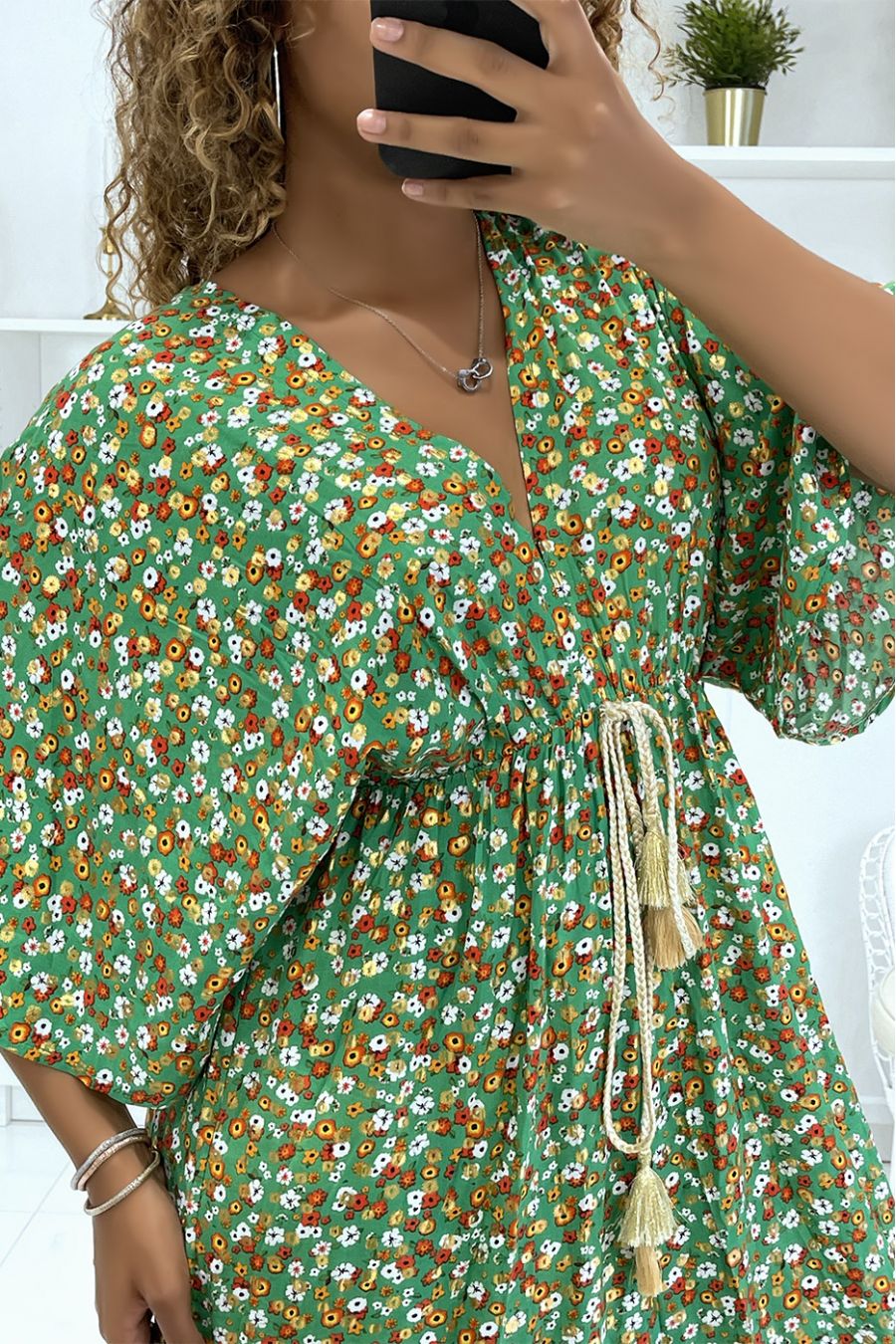 Long green floral dress with small gold flower and magnificent multicolored floral print - 4