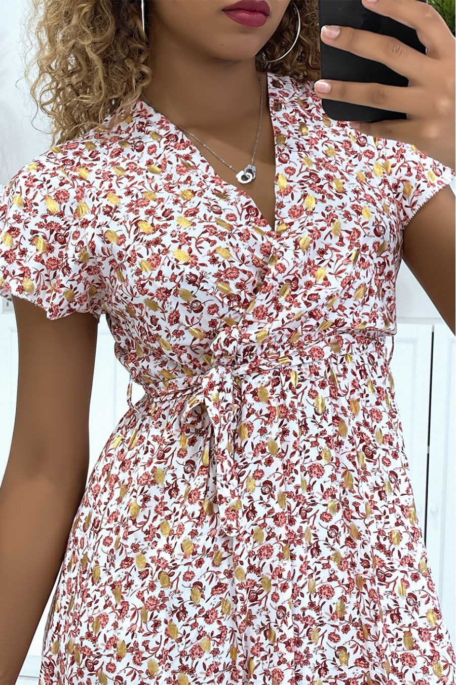 Magnificent long white wrap dress with pretty little flowers and sublime gilding - 3