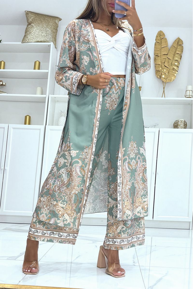 Kimono and flowing water green pants set with oriental pattern - 1