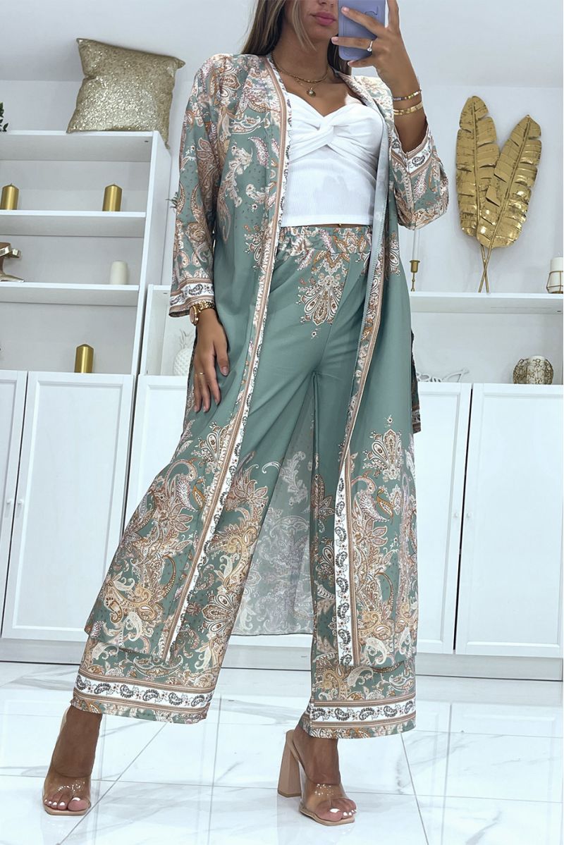 Kimono and flowing water green pants set with oriental pattern - 2