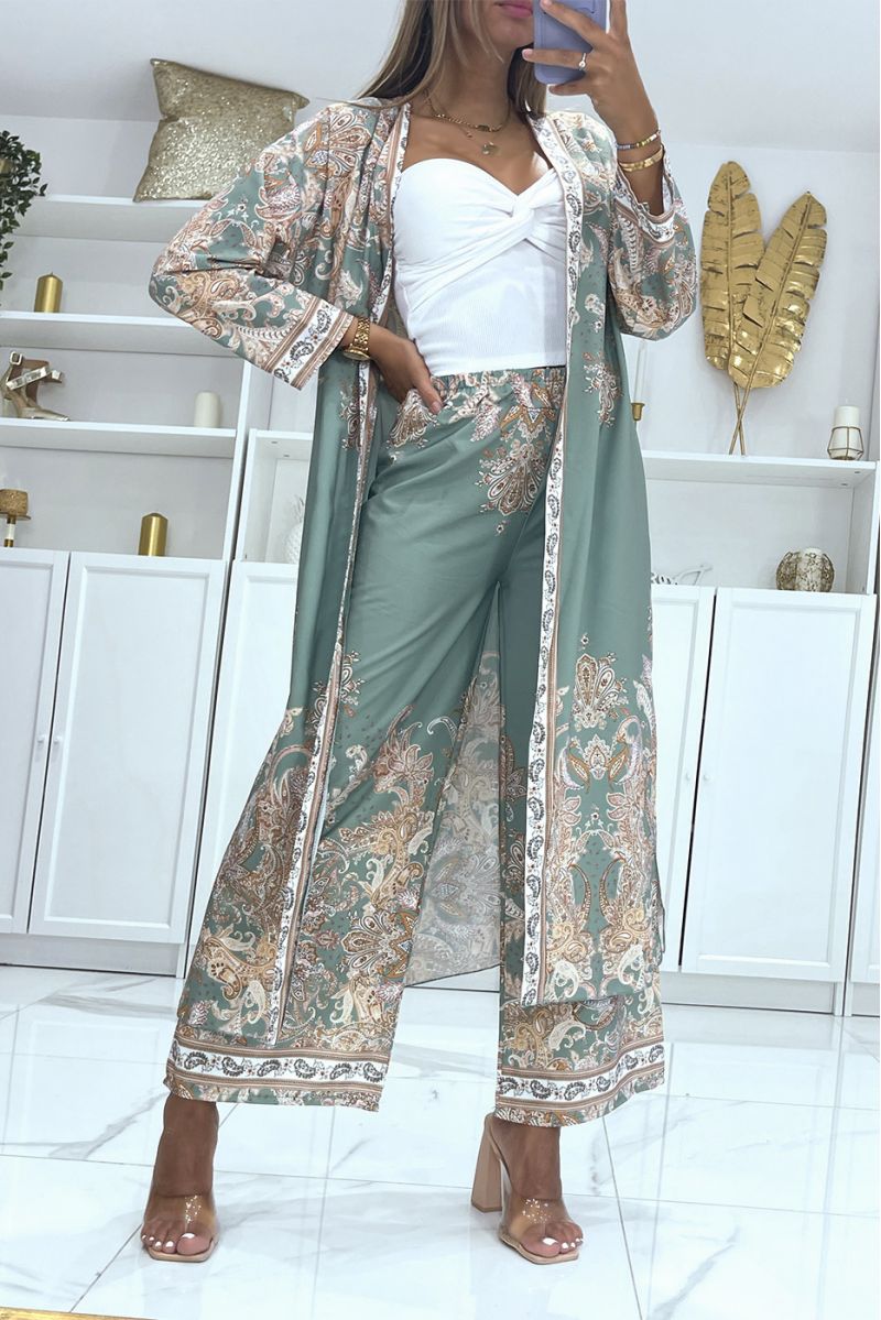 Kimono and flowing water green pants set with oriental pattern - 4