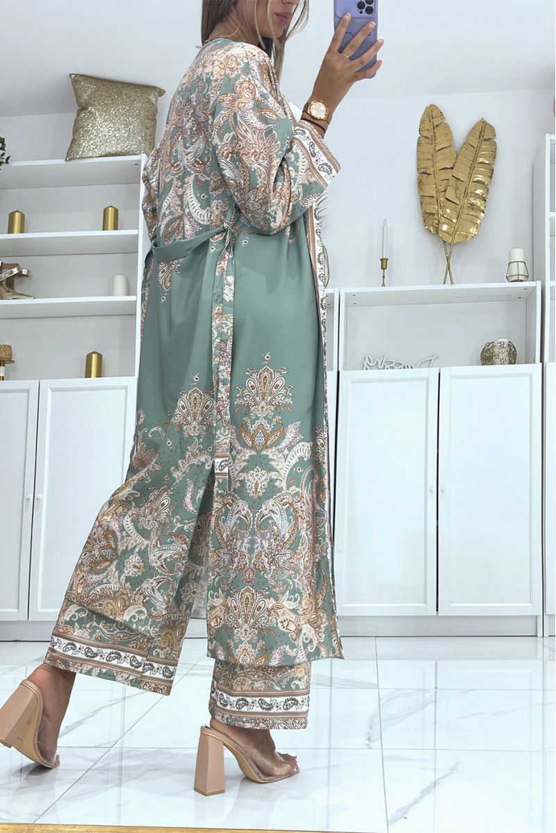 Kimono and flowing water green pants set with oriental pattern - 5