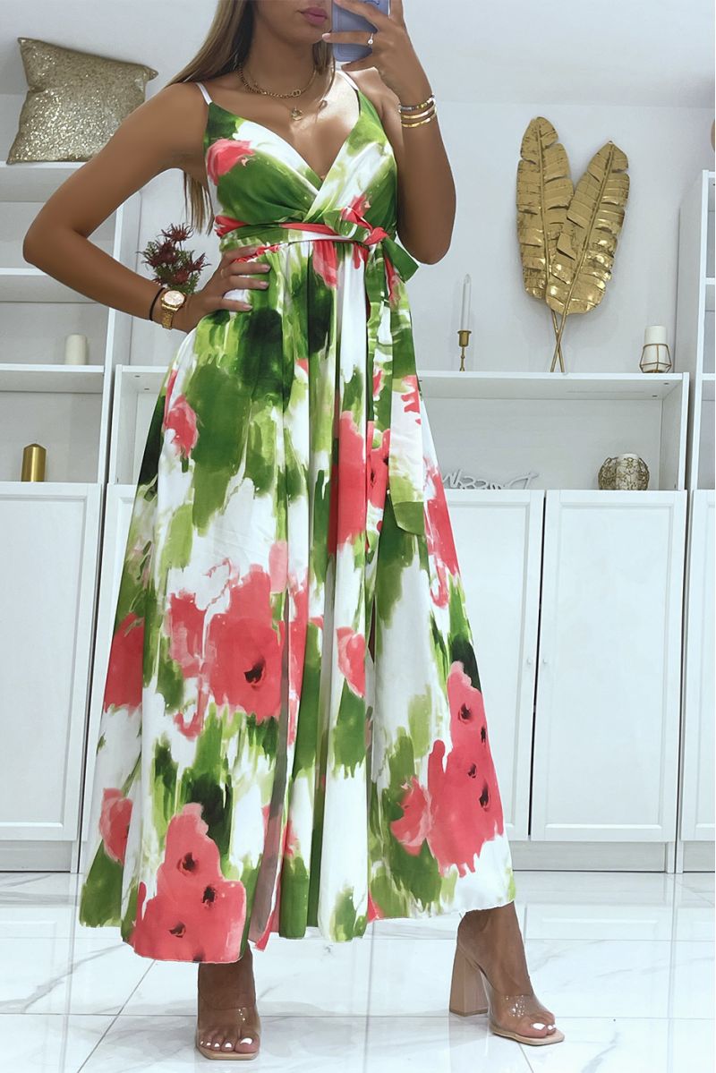Long wrap dress with colorful pistachio green pattern and thin straps - 1
