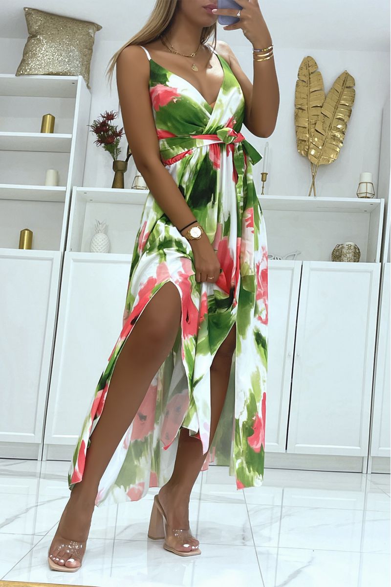 Long wrap dress with colorful pistachio green pattern and thin straps - 2