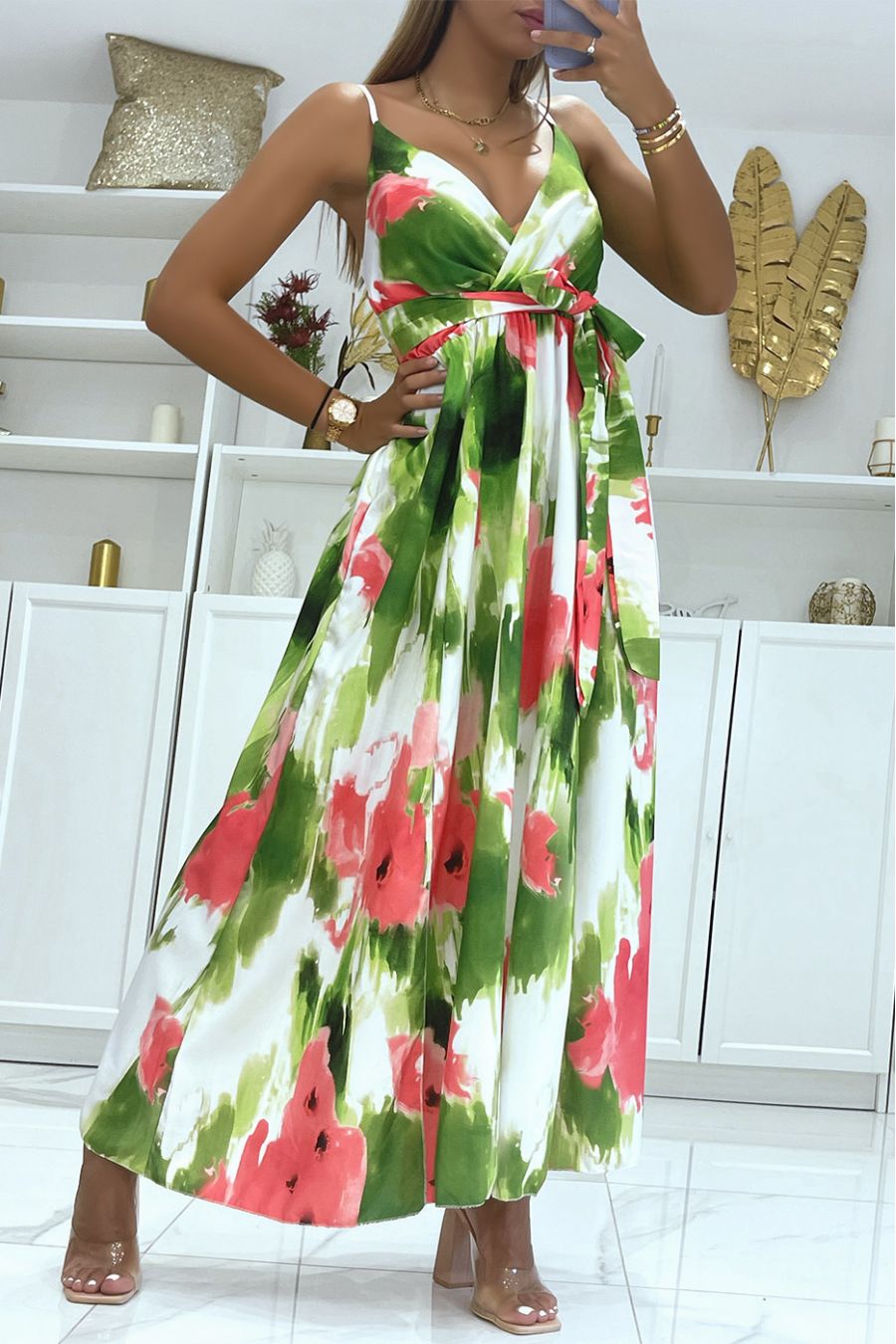 Long wrap dress with colorful pistachio green pattern and thin straps - 3
