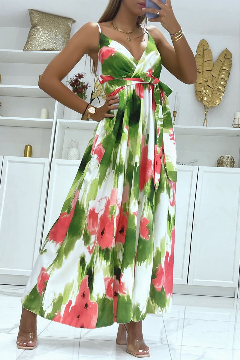 Long wrap dress with colorful pistachio green pattern and thin straps - 3