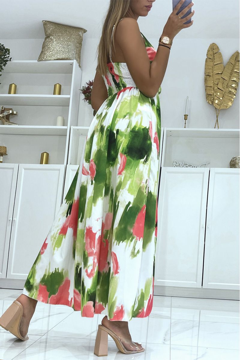Long wrap dress with colorful pistachio green pattern and thin straps - 4