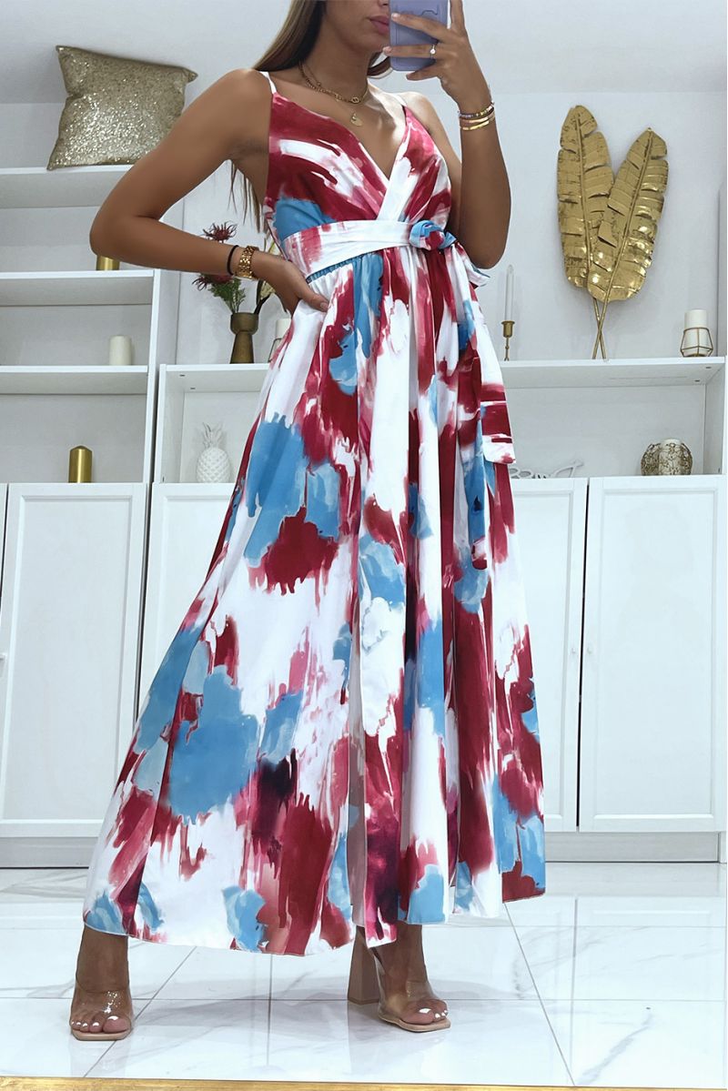 Long wrap dress with burgundy colored pattern and thin straps - 1