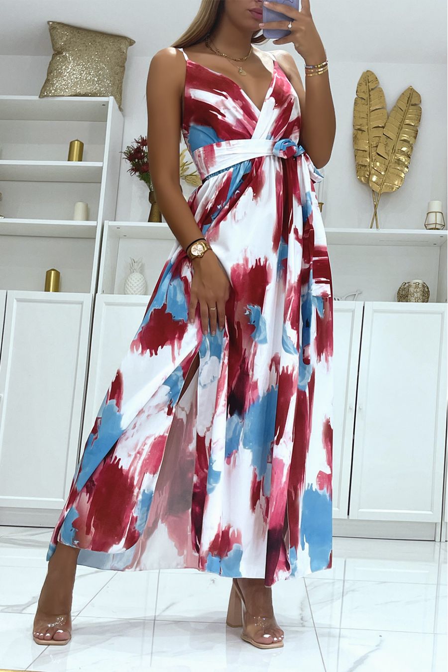 Long wrap dress with burgundy colored pattern and thin straps - 2