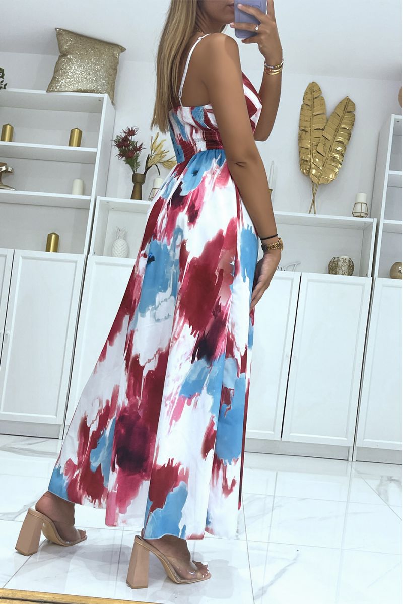 Long wrap dress with burgundy colored pattern and thin straps - 4