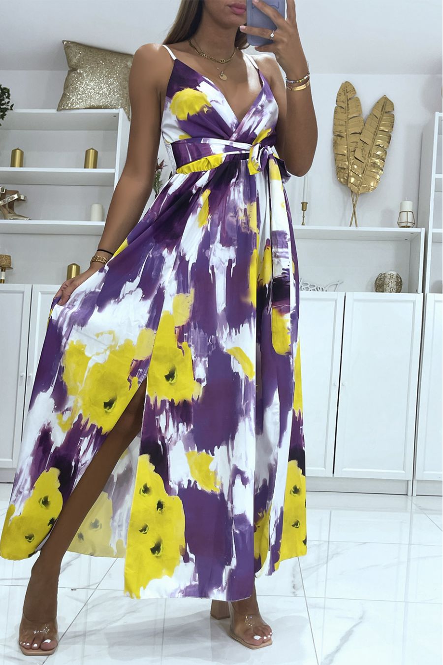 Long wrap dress with lilac colored pattern and thin straps - 1