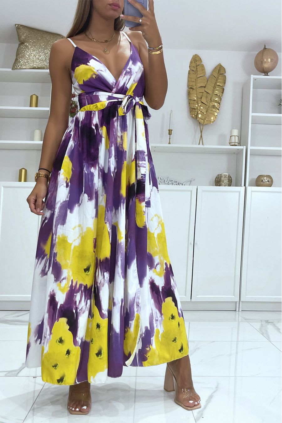 Long wrap dress with lilac colored pattern and thin straps - 2