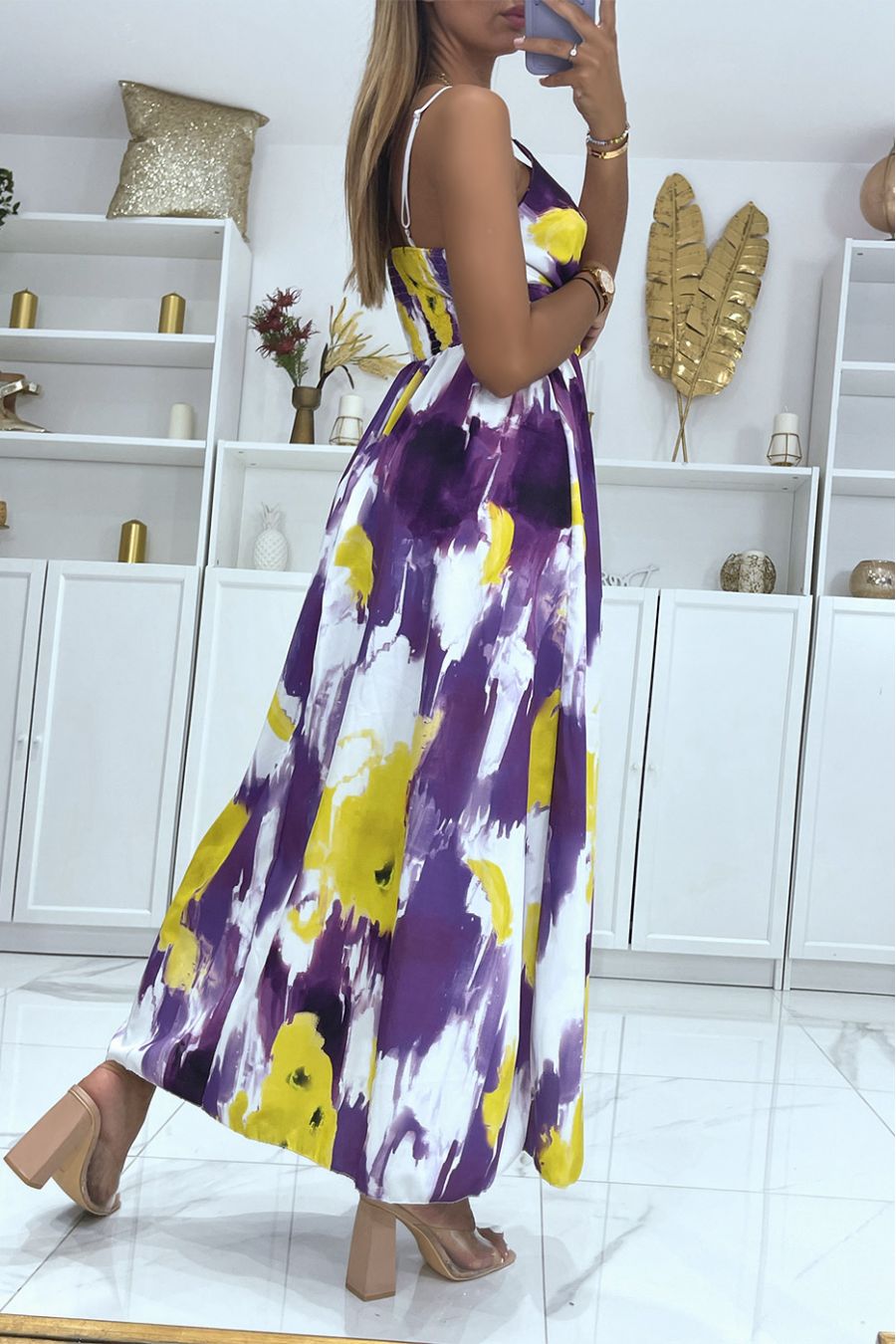 Long wrap dress with lilac colored pattern and thin straps - 4