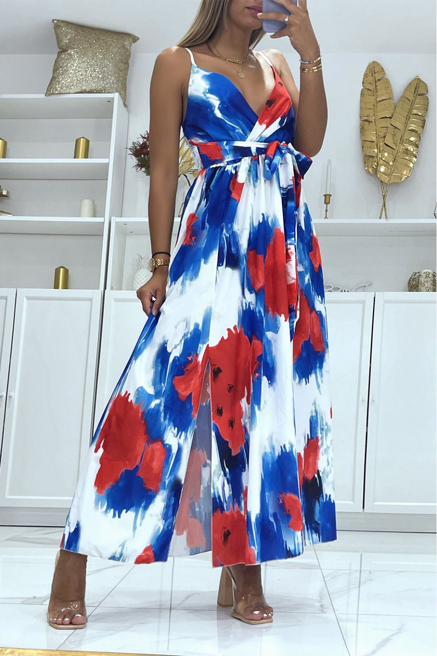 Long wrap dress with royal colored pattern and thin straps - 1