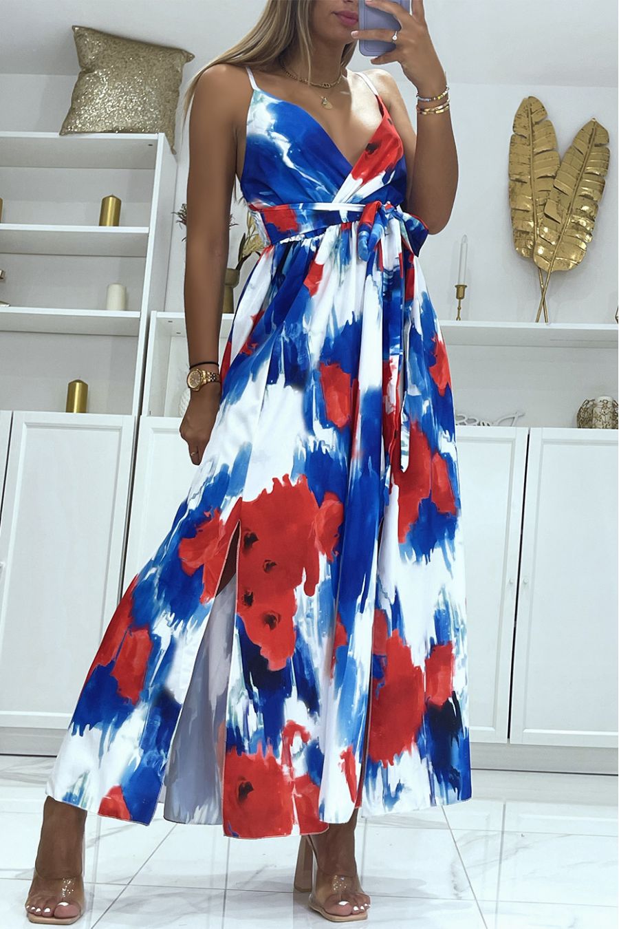 Long wrap dress with royal colored pattern and thin straps - 2