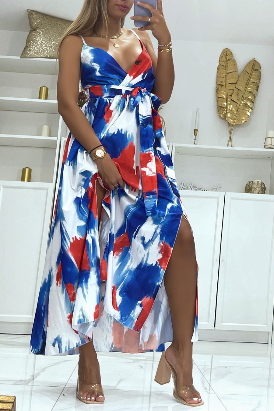 Long wrap dress with royal colored pattern and thin straps - 3